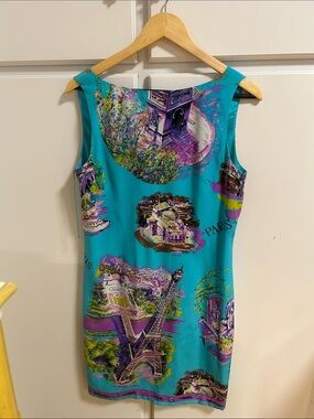 Vintage Muse Turquoise Silk Paris Print Sleeveless Mini Dress